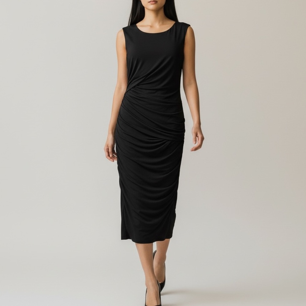 Donna Karan Scoop Neck Ruched Midi Dress In Black | Size M